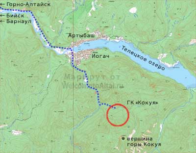 Схема маршрута село Артыбаш - ГК «Кокуя». (© карта - loadmap.net, маршрут - welcometoaltai.ru)